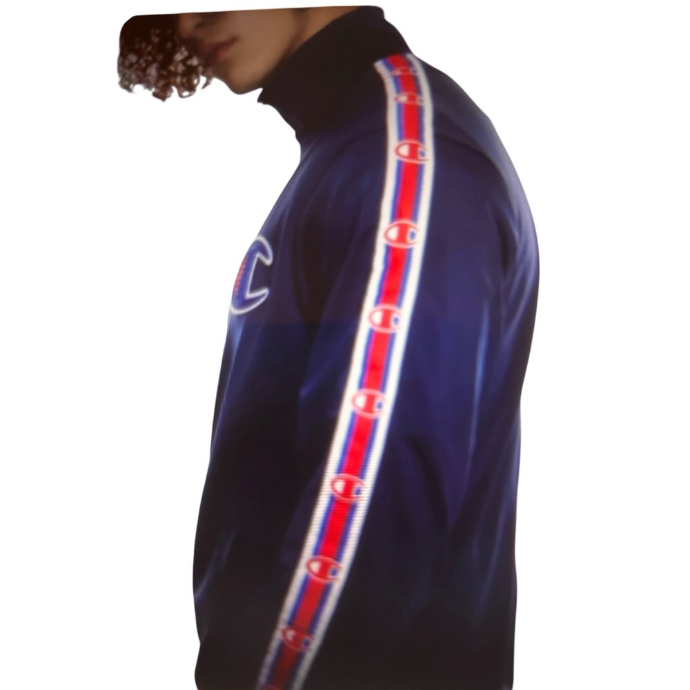 Champion Track Jacket men’s large blue red embroidered spell out logo y2k retro